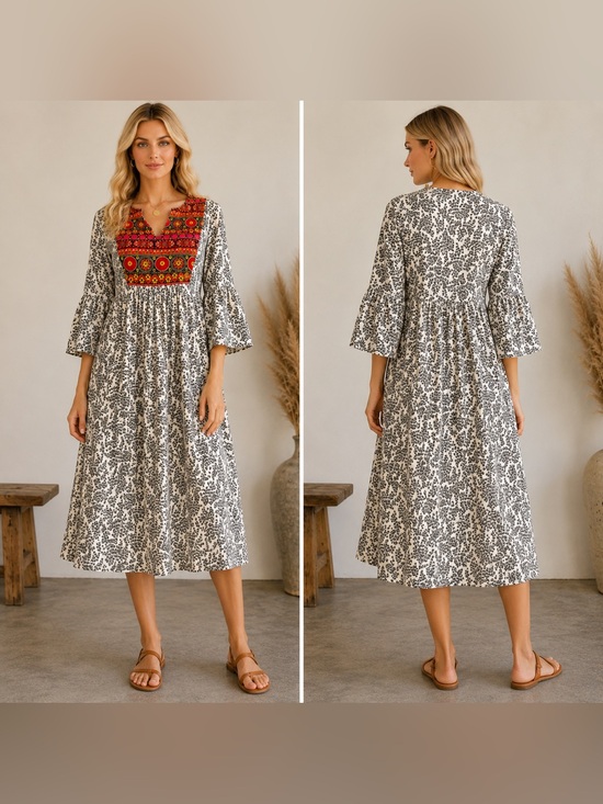 Lara Rosnovsky Dresses & Skirts - Lara Rosnovsky L 100% Cotton Embroidered Boho Midi Tunic Dress Bell Sleeve